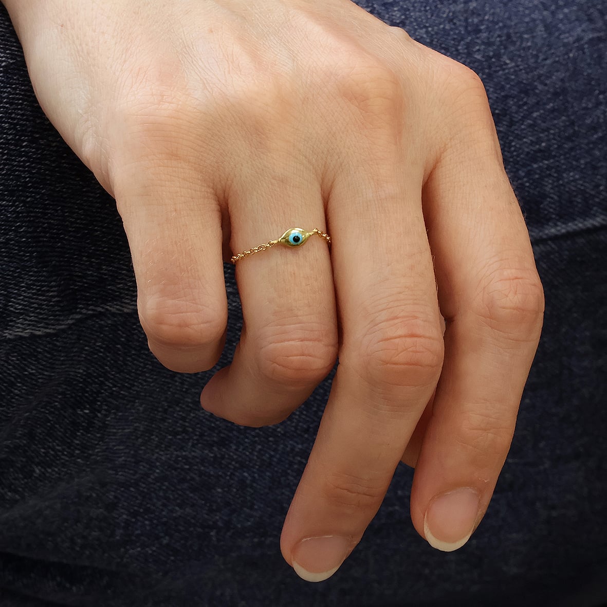 Ring silver 925 yellow gold plated with enamel evil eye and adjustable chain