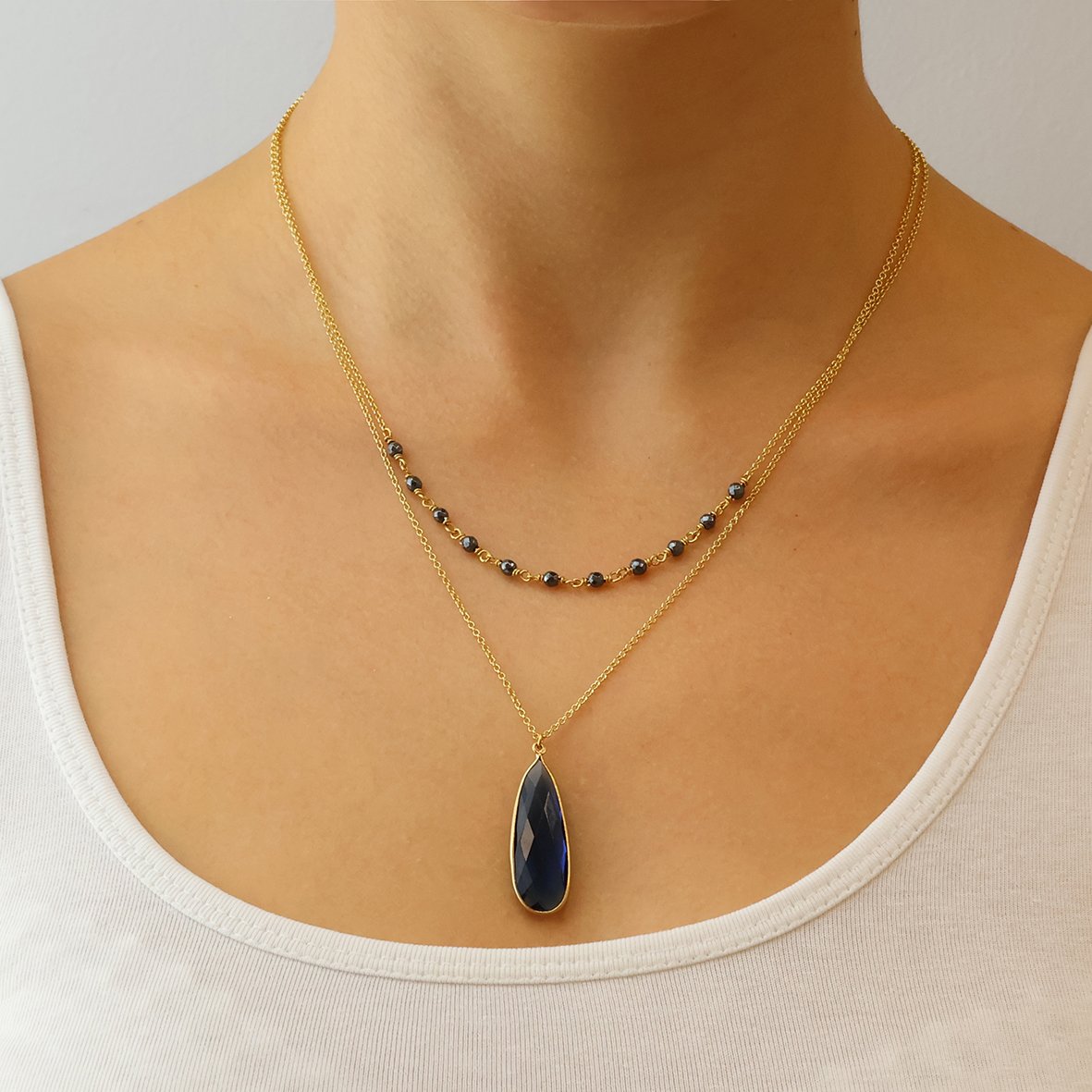 Κολιέ ασήμι 925 επιχρυσωμένο με kyanite quartz και αιματίτη