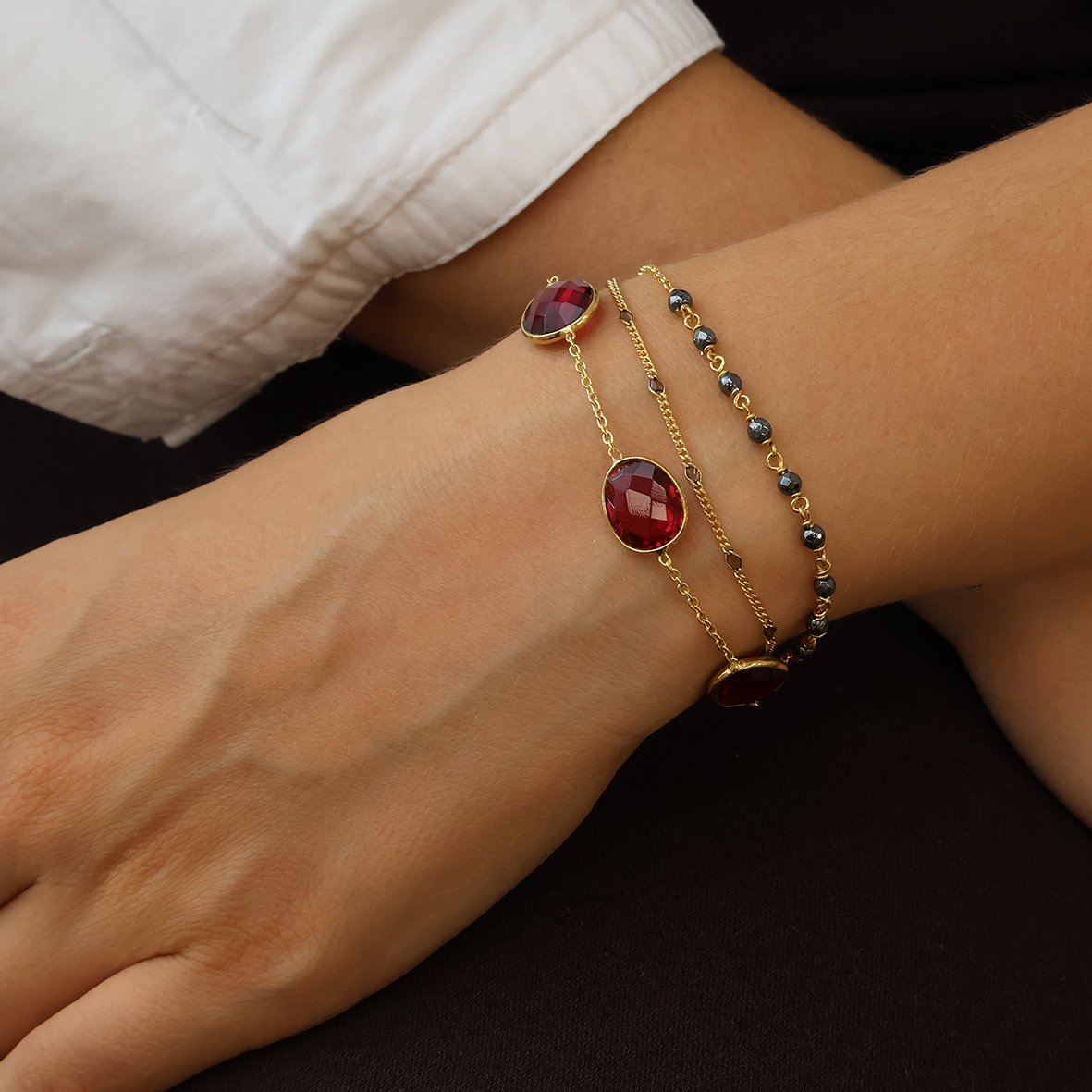 Βραχιόλι ασήμι 925 επιχρυσωμένο με pink tourmaline και αιματίτη