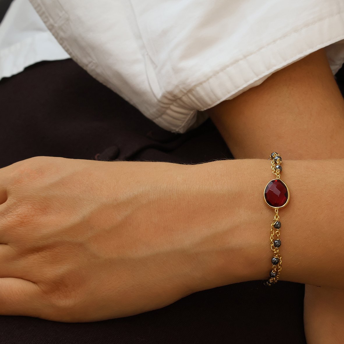 Βραχιόλι ασήμι 925 επιχρυσωμένο με pink tourmaline και αιματίτη