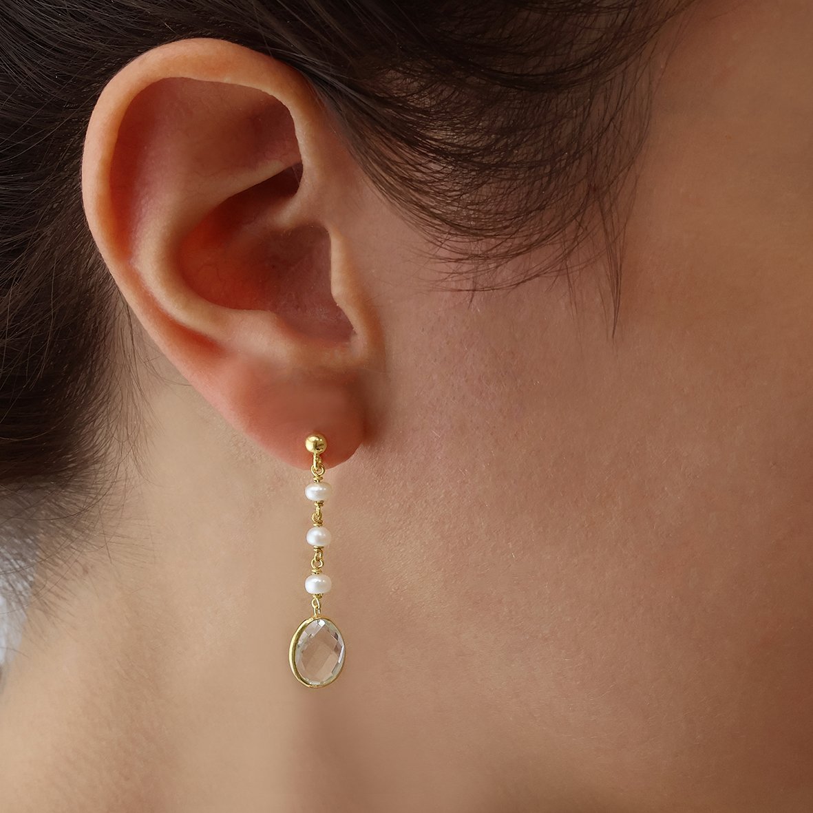 Σκουλαρίκια ασήμι 925 επιχρυσωμένα με white quartz και μαργαριτάρι