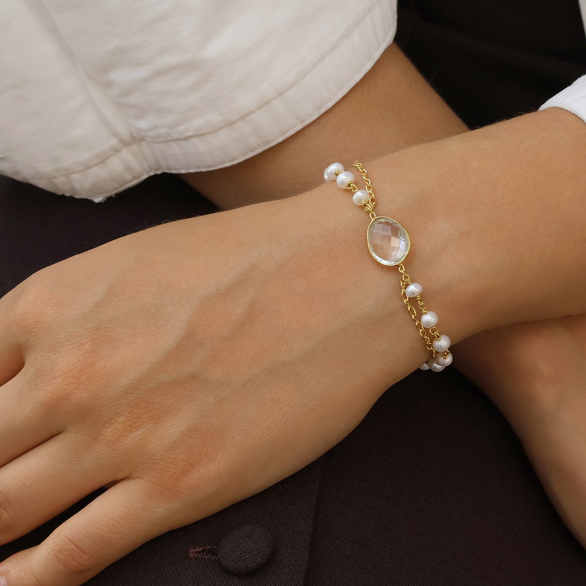 Βραχιόλι ασήμι 925 επιχρυσωμένο με white quartz και μαργαριτάρι