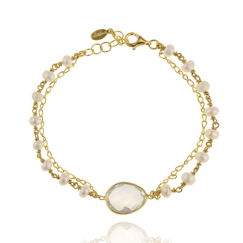 Βραχιόλι ασήμι 925 επιχρυσωμένο με white quartz και μαργαριτάρι