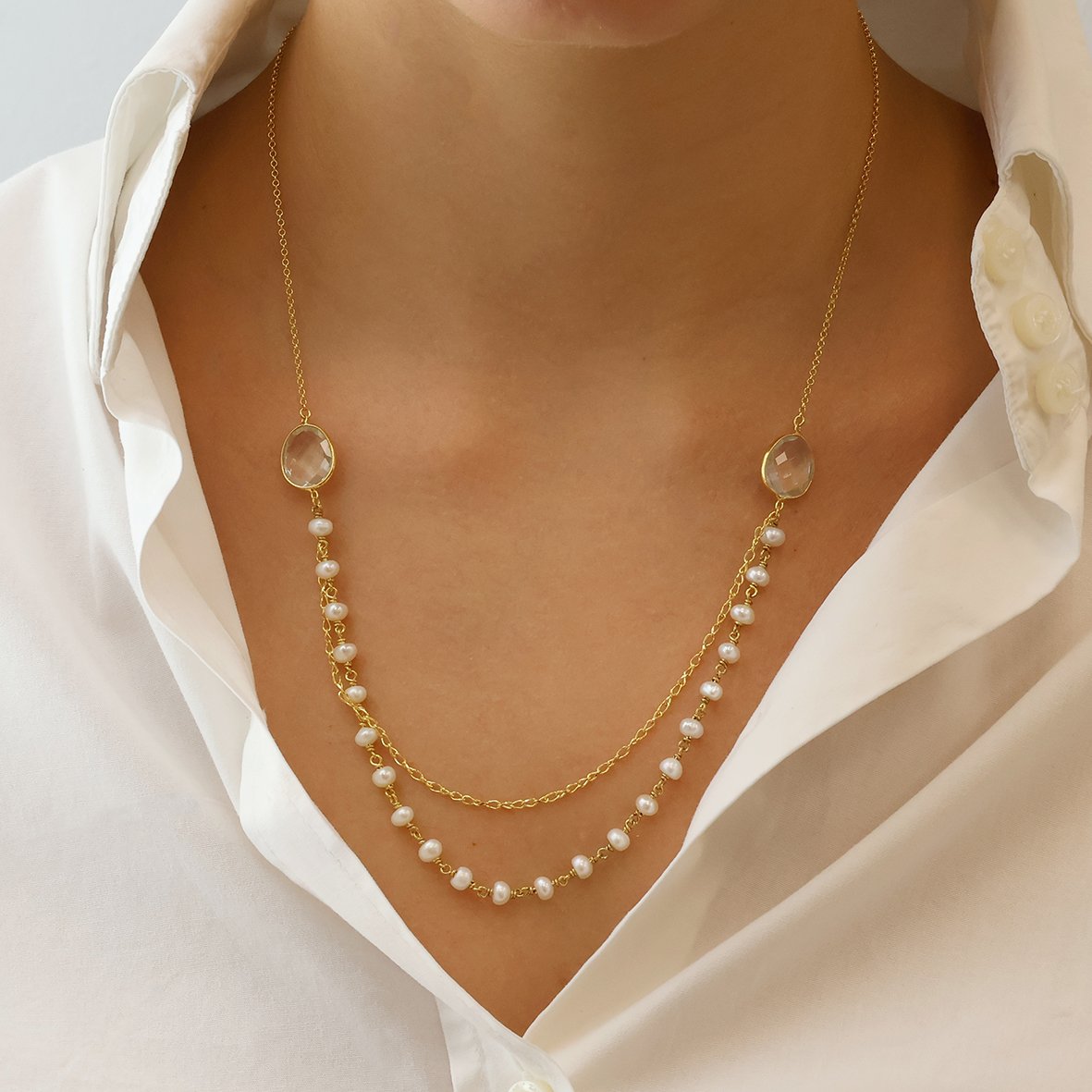 Κολιέ ασήμι 925 επιχρυσωμένο με white quartz και μαργαριτάρι