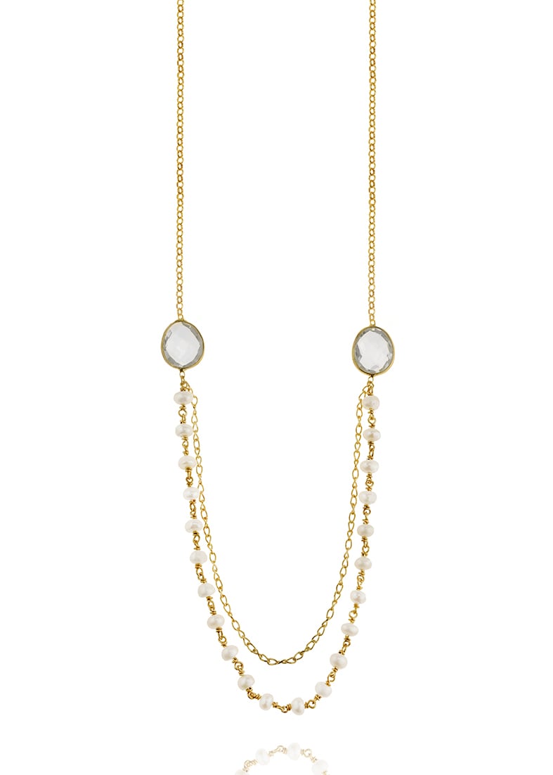 Κολιέ ασήμι 925 επιχρυσωμένο με white quartz και μαργαριτάρι