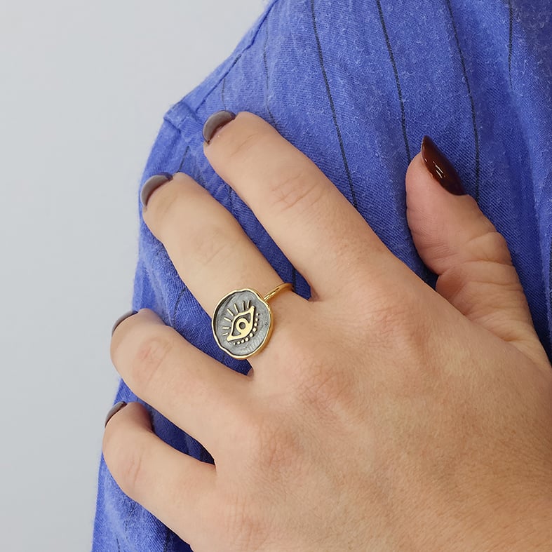 Ring silver 925 yellow gold plated with black rhodium plated