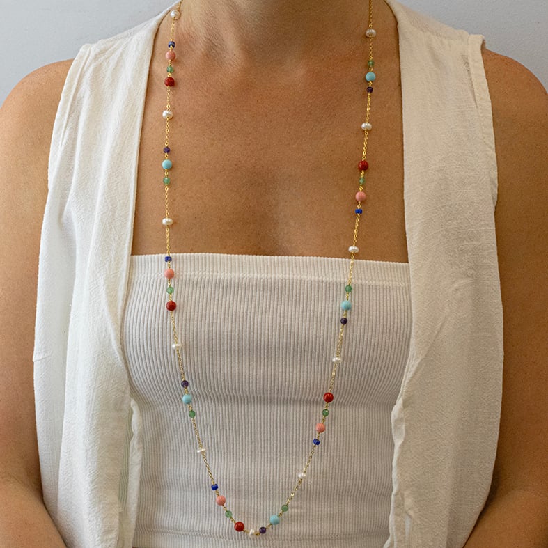Necklace gold plated 18ct brass ring with colored gemstones