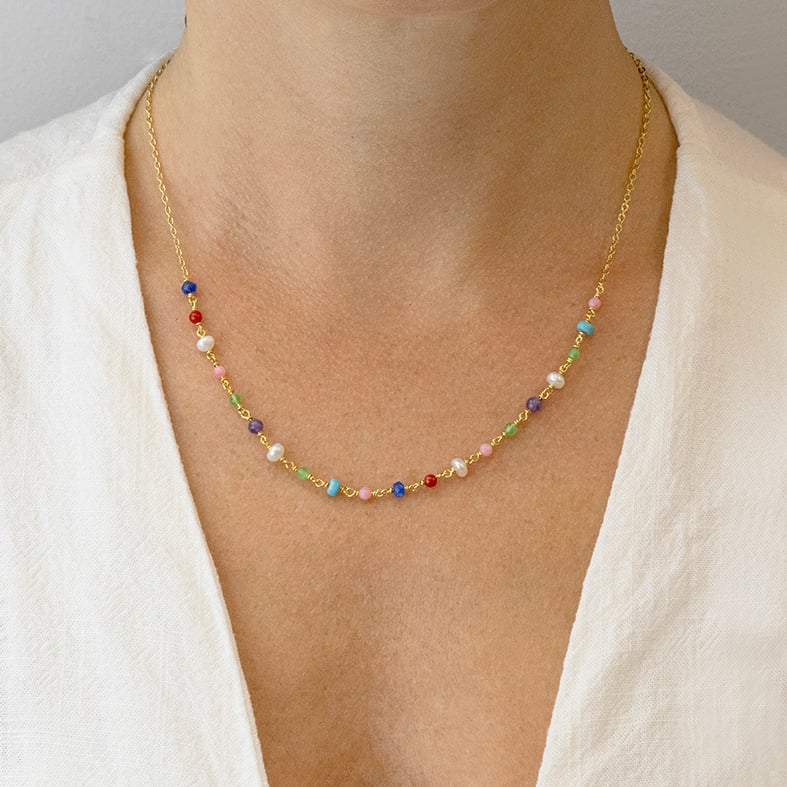 Necklace gold plated 18ct brass ring with colored gemstones